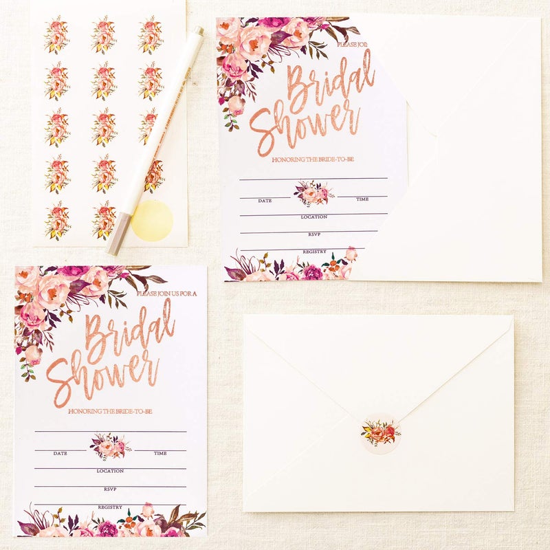 Crisky Rose Gold Foil Bridal Shower Invitation with Envelopes, Bridal Shower Invite, Wedding Shower Invitations, 25 pcs Cards & 25 pcs Envelopes & 25 pcs Stickers - Image 4